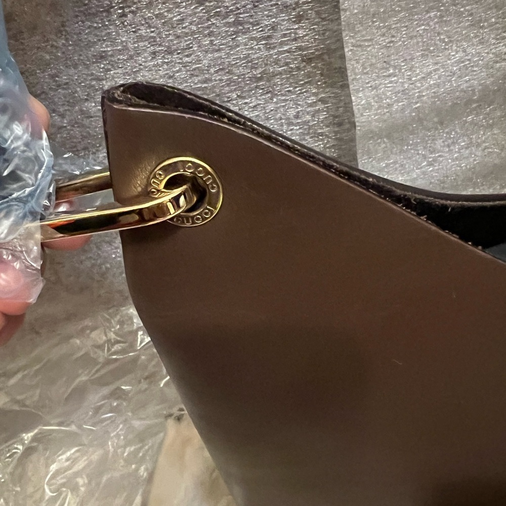 SOLD-SOLD- Gucci Brown Handbag with Black Bamboo Handle - Picture 10 of 14